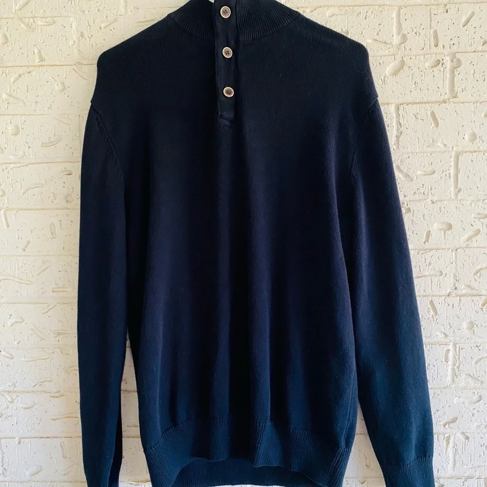 Frederik Anderson Copenhagen Classic Cotton Navy Sweater w/ Button Accent Large